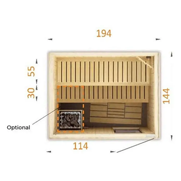 FinnTherm Massivholzsauna Cenik -  - Draufsicht einer Sauna mit detaillierten Maßangaben.