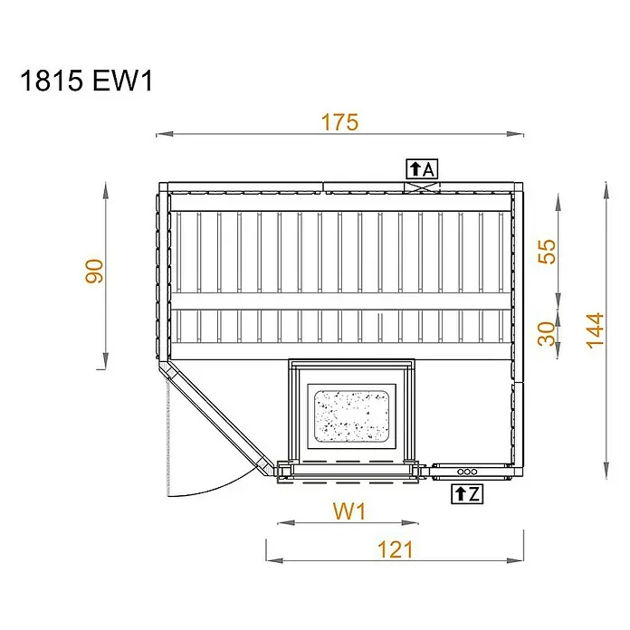 FinnTherm Massivholzsauna Pearl - L x B x H: 144 x 175 x 199 cm - Produktabbildung mit Abmessungen (1815 EW1): Breite 175, Höhe 90/144, Tiefe 121. Die Zeichnung zeigt ein Produkt aus der Vogelperspektive mit allen Maßen.