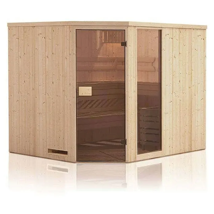 FinnTherm Massivholzsauna Spruce für Saunahäuser -  - Holzsauna mit Glastür und Seitenfenster. Entspannung pur in dieser modernen Sauna für Ihr Zuhause.