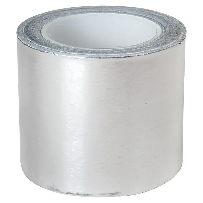 Klebeband - 10 m x 50 mm, Silber - Nahaufnahme einer Rolle silbernes Aluminiumklebeband, das häufig für HVAC-Systeme und Isolierungen verwendet wird.