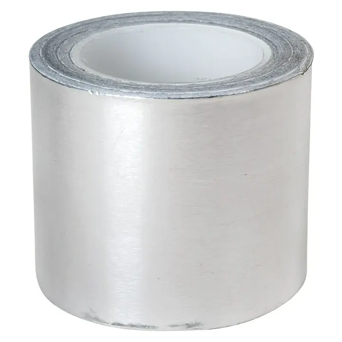 Klebeband10 m x 50 mm, Silber - Nahaufnahme einer Rolle silbernes Aluminiumklebeband, das häufig für HVAC-Systeme und Isolierungen verwendet wird.
