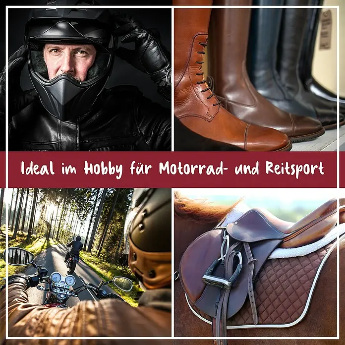Poliboy Feuchttücher Leder - 20 Stk. - Produktcollage: Motorradhelm, Reitstiefel, Motorradfahrt, Sattel. Ideal für Hobby-Motorrad- und Reitsport.
