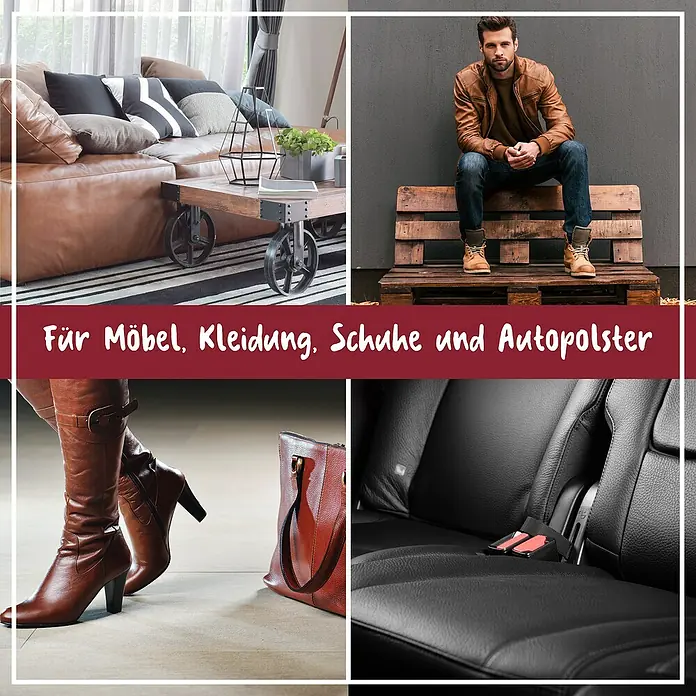 Poliboy Feuchttücher Leder - 20 Stk. - Bildcollage mit Möbeln, Kleidung, Schuhen und Autopolstern. Geeignet für Möbel, Kleidung, Schuhe und Autopolster.