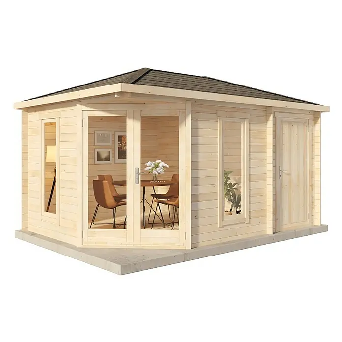Alpholz Gartenhaus Liwa Compact - Außenmaß inkl. Dachüberstand (B x T): 452 x 312 cm, Holz, Naturbelassen - Abbildung eines Holzgartenhauses mit Fenstern, Türen und einem schrägen Dach auf einem grauen Betonsockel.