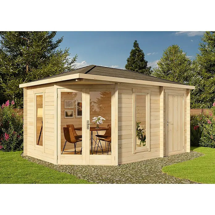 Alpholz Gartenhaus Liwa Compact - Außenmaß inkl. Dachüberstand (B x T): 452 x 312 cm, Holz, Naturbelassen - Gartenhaus aus Holz mit Fenstern und Türen, umgeben von Grün, ideal für Entspannung und Genuss der Natur.