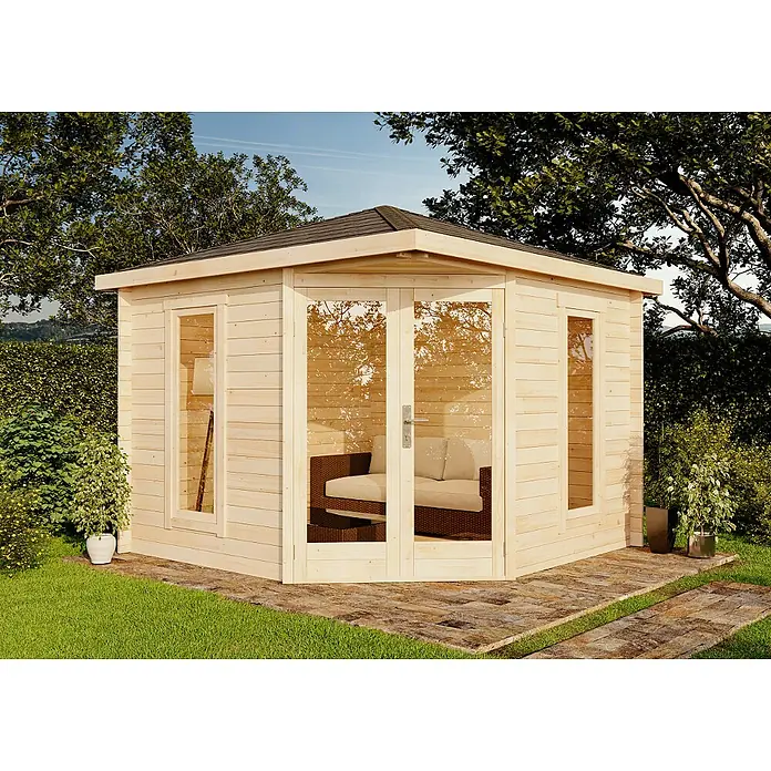 Alpholz Gartenhaus Liwa Compact - Außenmaß inkl. Dachüberstand (B x T): 312 x 312 cm, Holz, Naturbelassen - Stilvolles Gartenhaus mit großen Glastüren und Fenstern. Das perfekte Refugium, um die Natur geschützt zu genießen und entspannte Stunden zu verbringen.