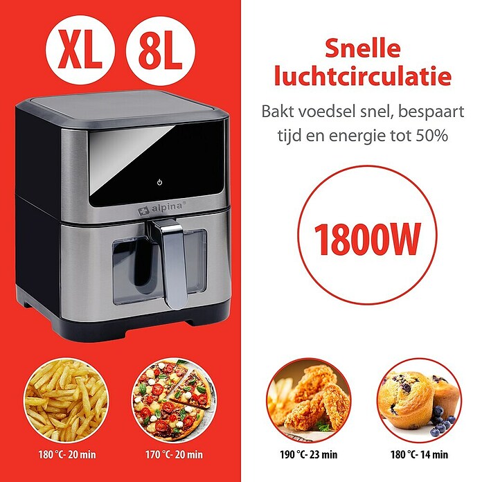 Alpina Airfryer (Zilver / Zwart, Hoogte: 36,5 mm, 1.800 W) | BAUHAUS