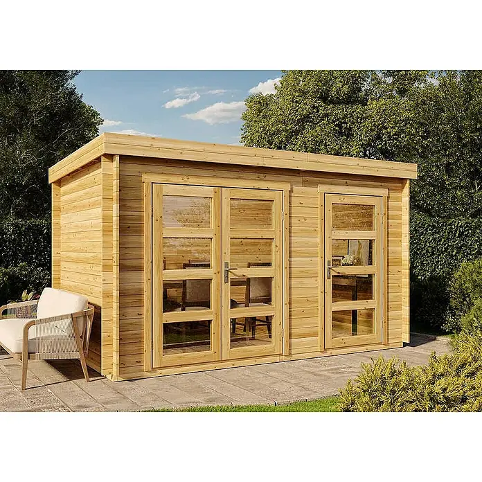 Alpholz Gartenhaus ECO Set Paloma Grande - Außenmaß inkl. Dachüberstand (B x T): 398 x 230 cm, Holz, Naturbelassen - Ein modernes Gartenhaus aus Holz mit Doppeltüren und einem Flachdach, ideal für den Garten. Entspannen Sie sich im stilvollen Gartenhaus.