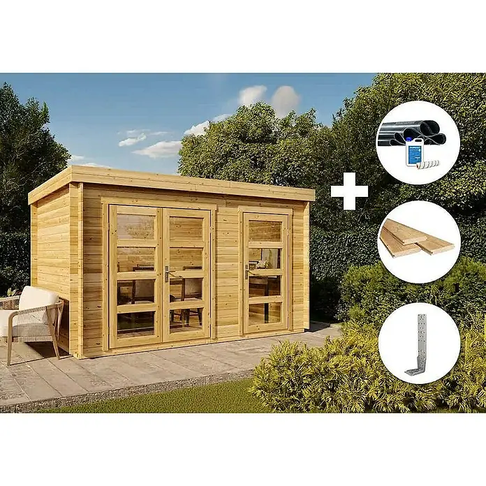 Alpholz Gartenhaus ECO Set Paloma Grande - Außenmaß inkl. Dachüberstand (B x T): 398 x 230 cm, Holz, Naturbelassen - Holzgartenhaus mit Glastüren und Zubehör für Bau und Installation, umgeben von Grün.