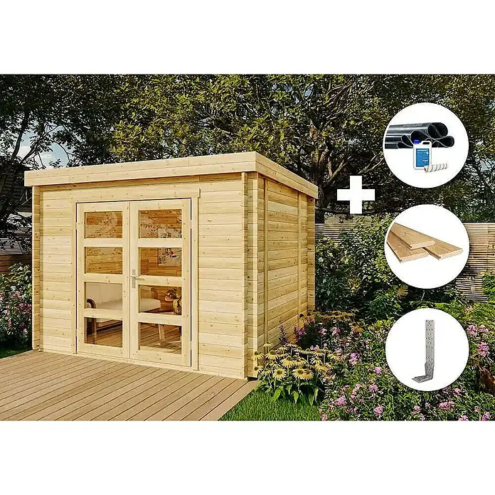 Alpholz Gartenhaus ECO Set Paloma Sol - Außenmaß inkl. Dachüberstand (B x T): 298 x 298 cm, Holz, Naturbelassen - Holzschuppen-Bausatz mit Fenstertüren, inklusive Rohren, Holzplatten und Montagewinkeln für einfache Montage.