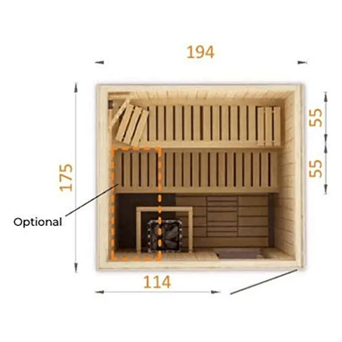 FinnTherm Massivholzsauna Cenik -  - Bild einer Sauna mit Maßen.