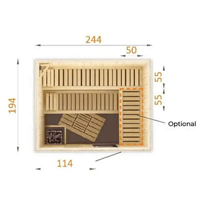FinnTherm Massivholzsauna Cenik - L x B x H: 194 x 244 x 199 cm - Grundriss der Sauna mit Maßen. Die Sauna ist 244 cm breit und 194 cm tief. Optionale Ausführung ist mit orangefarbenen Linien markiert.