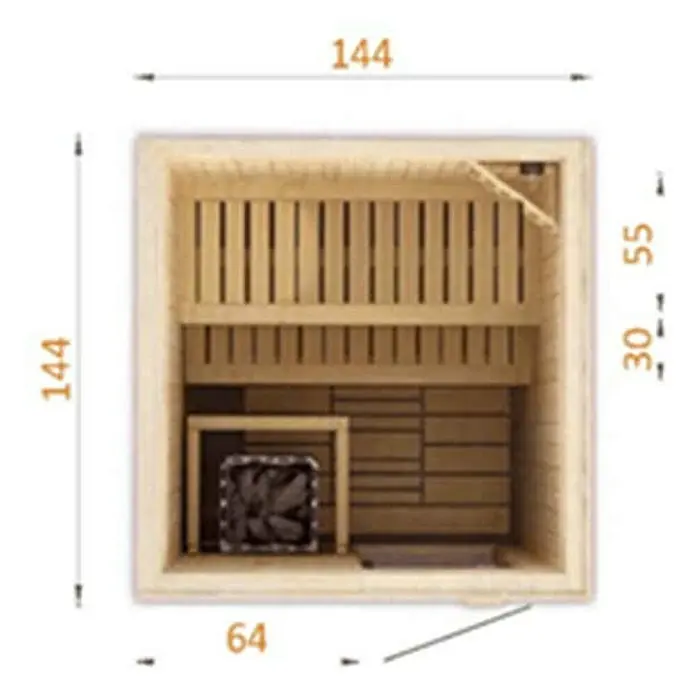 FinnTherm Massivholzsauna Cenik -  - Grundriss einer Sauna mit Maßen. Die Sauna zeigt Holzbänke, einen Ofen und die Abmessungen: 144x144 cm, Ofenbereich 64 cm.