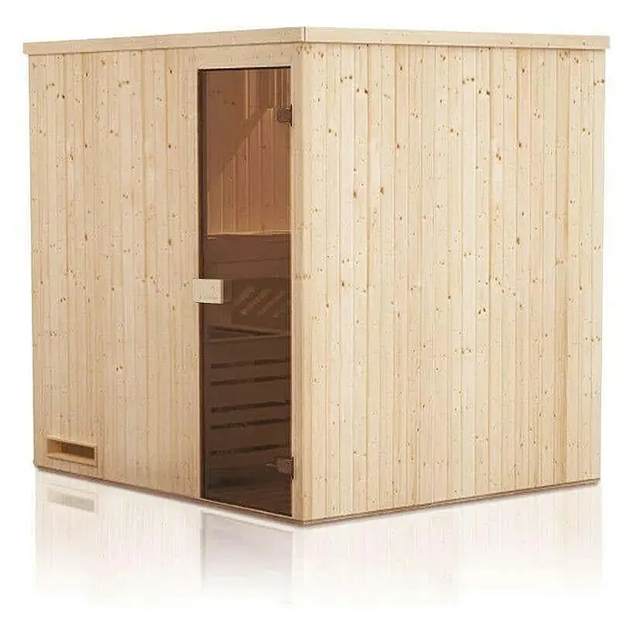 FinnTherm Massivholzsauna Cenik -  - Eine kompakte Sauna aus hellem Holz mit Glastür, ideal für Entspannung zu Hause. Sie bietet ein traditionelles Saunaerlebnis auf kleinem Raum.