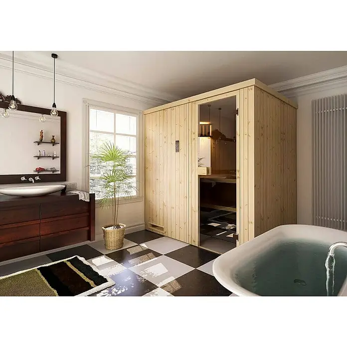 FinnTherm Massivholzsauna Cenik -  - Badezimmer mit einer stilvollen Holzsauna.