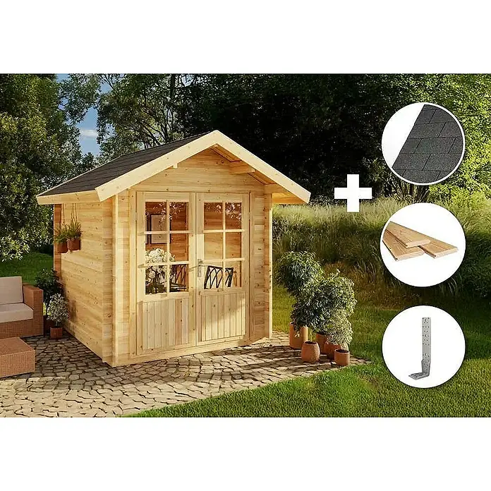 Alpholz Gartenhaus ECO Set Palma - Außenmaß inkl. Dachüberstand (B x T): 260 x 261 cm, Holz, Naturbelassen - Gartenhaus aus Holz mit Dachschindeln und zusätzlichen Holzbrettern für den Aufbau im Garten.
