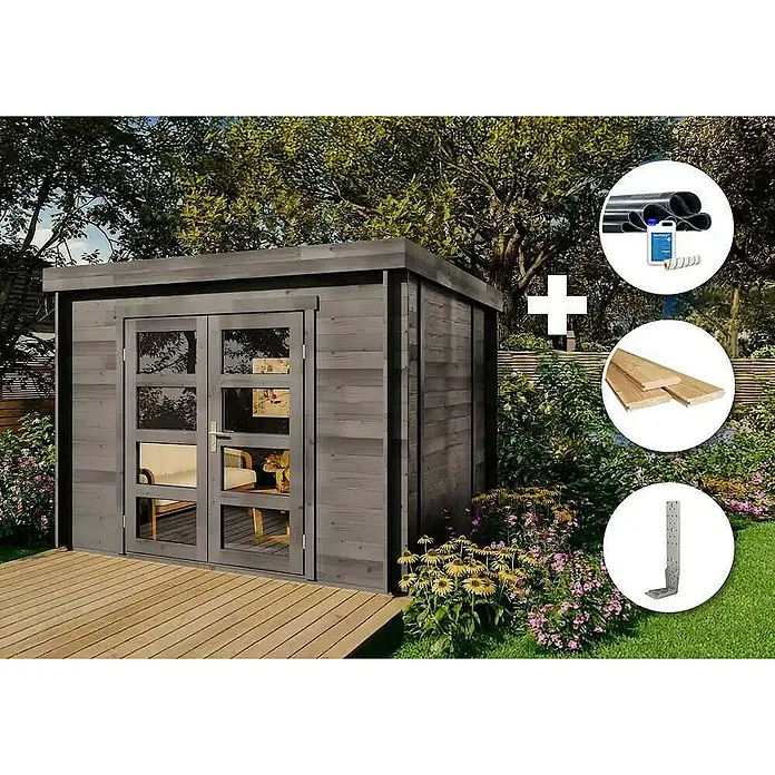 Alpholz Gartenhaus ECO Set Paloma Sol grau - Außenmaß inkl. Dachüberstand (B x T): 298 x 298 cm, Holz, Grau - Gartenschuppen mit Holzboden, Zubehör für die Montage.