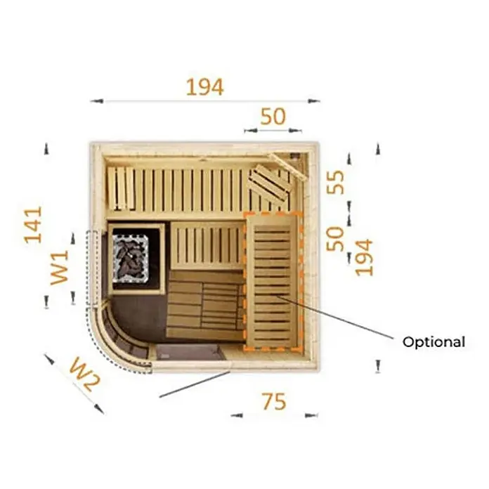 FinnTherm Massivholzsauna Verve - L x B x H: 194 x 194 x 199 cm - Draufsicht auf eine Sauna mit Maßen. Die Sauna hat eine optionale Tür und bietet Platz zum Entspannen.