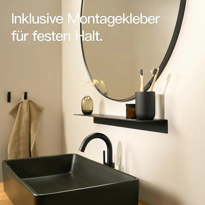 Designfabrik Hamburg Badablage - Breite: 58 cm, Aluminium, Schwarz - Badezimmer mit schwarzem Waschbecken und rundem Spiegel. Inklusive Montagekleber für festen Halt.