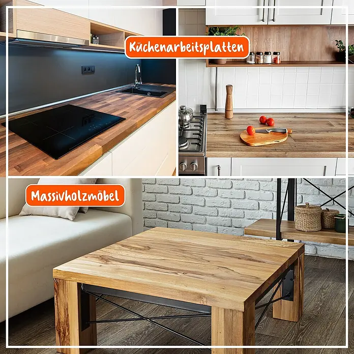 Poliboy Arbeitsplattenöl - Transparent, 500 ml - Das Bild zeigt eine Collage aus Küchenarbeitsplatten und Massivholzmöbeln. Eine moderne Küche mit Kochfeld und eine massive Holztischplatte sind zu sehen.