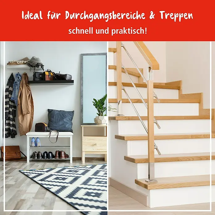 Poliboy Feuchttücher Parkett und Laminat - 15 Stk. - Eingangsbereich mit Treppe: Ideal für Flure und Treppen, schnell und praktisch mit Garderobe, Spiegel und Teppich.