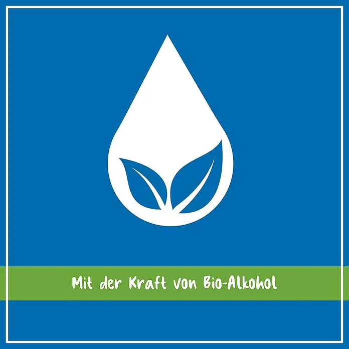 Poliboy Bio Glasreiniger - 500 ml, Flasche mit Sprühkopf - Symbolbild: Tropfen mit Blättern. Text "Mit der Kraft von Bio-Alkohol". Geeignet für Produkte mit natürlichen Inhaltsstoffen.