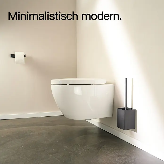 Designfabrik Hamburg WC-Bürstengarnitur - Aluminium, Schwarz - Modernes Badezimmer mit wandhängender Toilette, minimalistischem Design und elegantem Toilettenbürstenhalter.