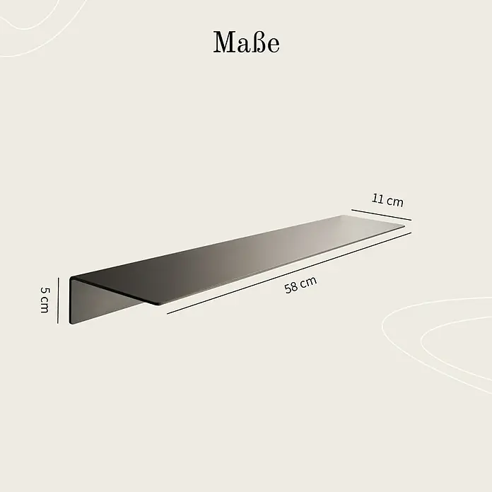 Designfabrik Hamburg Badablage - Breite: 58 cm, Aluminium, Schwarz - Abbildung eines Wandregals mit den Maßen 58 cm Länge, 11 cm Tiefe und 5 cm Höhe.