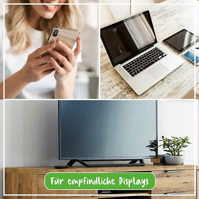 Poliboy Feuchttücher Bildschirm - 30 Stk. - Eine Collage mit Smartphone, Laptop und Fernseher. Ideal für empfindliche Displays.