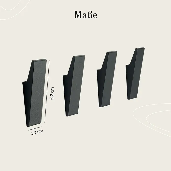 Designfabrik Hamburg Handtuchhaken - 4 Stk., Schwarz, Matt - Die Maße der schwarzen Garderobenhaken sind 6,2 cm Höhe und 1,7 cm Breite.