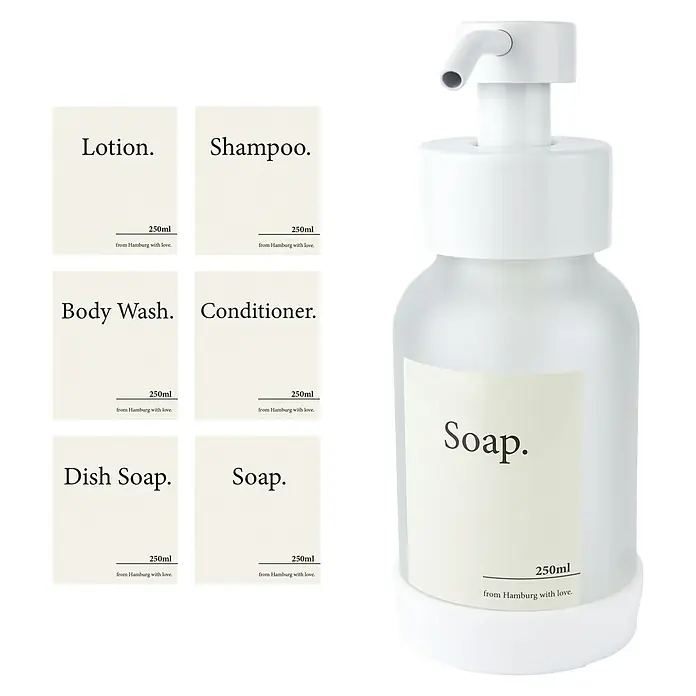 Designfabrik Hamburg Seifenspender - Edelstahl, Weiß/Satiniertes Glas - Sechs verschiedene Seifen-, Lotion-, Shampoo-, Spülmittel-, Spül- und Spülmittelbehälter mit minimalistischen Etiketten.