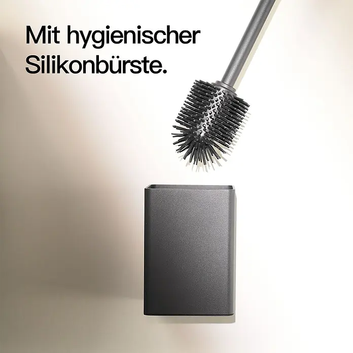Designfabrik Hamburg WC-Bürstengarnitur - Aluminium, Schwarz - Die WC-Garnitur mit einer grauen Silikonbürste und dem dazugehörigen Behälter für ein sauberes Badezimmer.