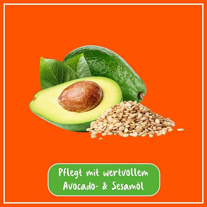 Poliboy Möbelpflege Intensiv - 375 ml, Flasche mit Sprühkopf - Produktbild mit Avocado, Sesamsamen und dem Text "Pflegt mit wertvollem Avocado- & Sesamöl".