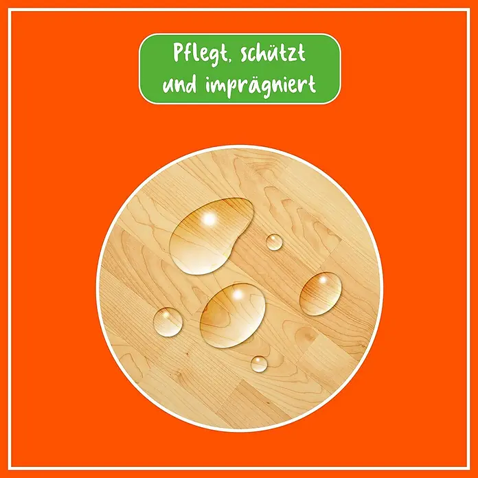 Poliboy Arbeitsplattenöl - Transparent, 500 ml - Produktbild, das "Pflegt, schützt und imprägniert" bewirbt, mit Wassertropfen auf einer Holzoberfläche.