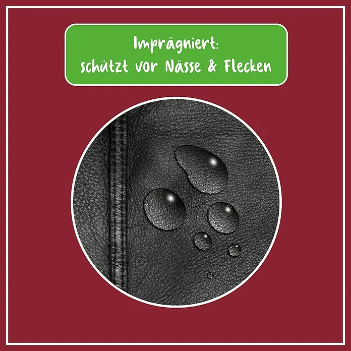 Poliboy Lederpflege Intensiv - 375 ml, Flasche mit Sprühkopf - Das Bild zeigt ein imprägniertes Ledermaterial, das durch Wassertropfen auf der Oberfläche vor Nässe und Flecken geschützt ist.