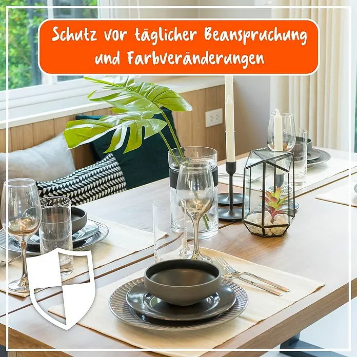 Poliboy Möbelpflege Intensiv - 375 ml, Flasche mit Sprühkopf - Tisch mit Gedeck, geschützt vor täglicher Beanspruchung und Farbveränderungen, dank des Schutzes auf dem Bild.