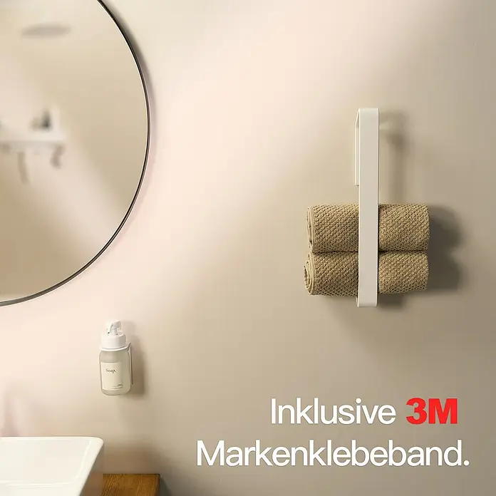 Designfabrik Hamburg Handtuchhalter - Weiß, Matt - Handtuchhalter aus Kunststoff mit zwei aufgerollten Handtüchern, inklusive 3M Klebeband für einfache Montage.