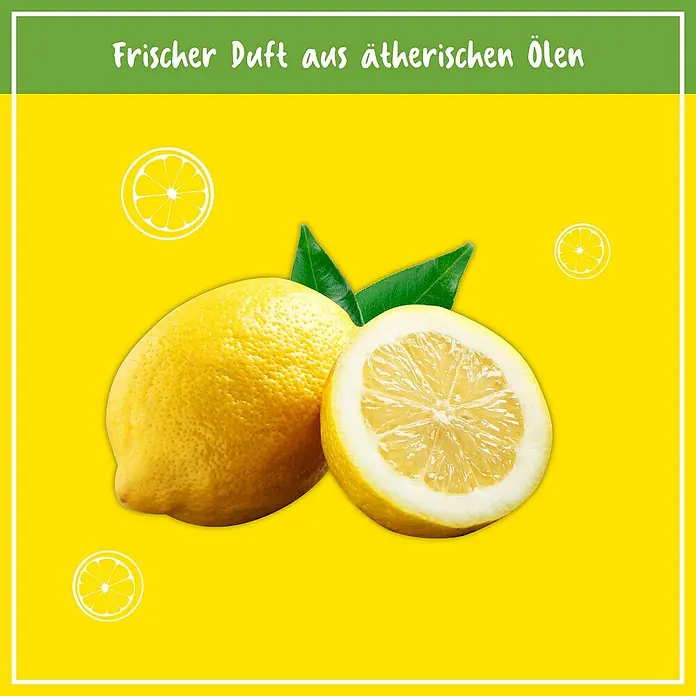 Poliboy Bio Dusche- & Badreiniger - 500 ml, Flasche mit Sprühkopf - Bild von zwei Zitronen, einer ganzen und einer halben, vor gelbem Hintergrund mit Text "Frischer Duft aus ätherischen Ölen".