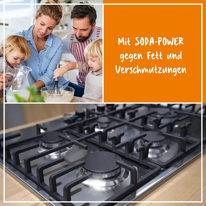 Poliboy Bio Küchenreiniger - 500 ml, Flasche mit Sprühkopf - Familienszene beim Kochen und ein sauberer Gasherd, beworben mit Soda-Power gegen Fett und Verschmutzungen für ein strahlendes Zuhause.