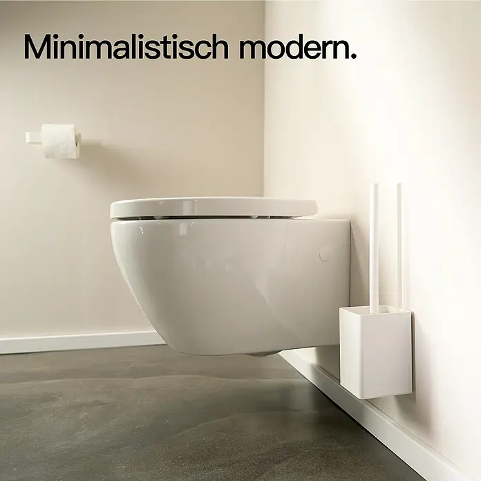 Designfabrik Hamburg WC-Bürstengarnitur - Aluminium, Weiß - Minimalistisch modernes Badezimmer mit einer wandhängenden Toilette und einem Toilettenbürstenhalter.