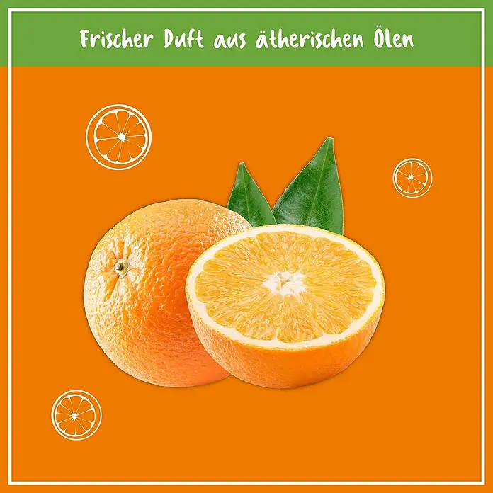 Poliboy Bio Küchenreiniger - 500 ml, Flasche mit Sprühkopf - Frischer Duft: Eine ganze und eine halbe Orange mit grünen Blättern, umrahmt von drei stilisierte Orangenscheiben, bewirbt ätherische Öle.