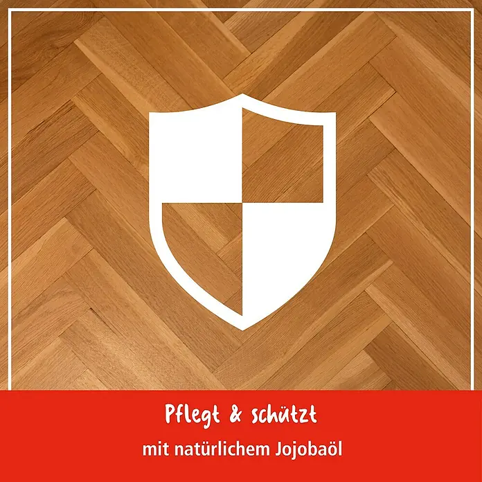 Poliboy Feuchttücher Parkett und Laminat - 15 Stk. - Produktbild eines Holzpflegeprodukts, das mit natürlichem Jojobaöl pflegt und schützt, dargestellt durch ein Schildsymbol auf Holzoberfläche.