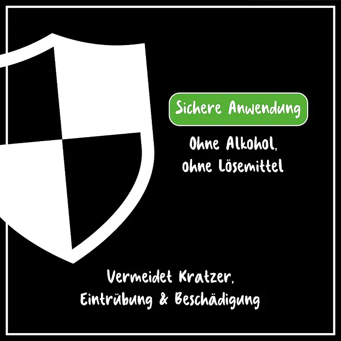 Poliboy Feuchttücher Bildschirm - 30 Stk. - Schwarze Schutzschild-Grafik mit Text in weißer Schrift, die sichere Anwendung, Vermeidung von Kratzern und Inhaltsstoffe ohne Alkohol und Lösungsmittel hervorhebt.