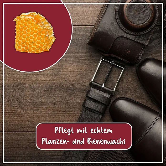 Poliboy Lederpflege Intensiv - 375 ml, Flasche mit Sprühkopf - Nahaufnahme von Lederpflegeprodukten, darunter ein Gürtel, Schuhe und eine Kameratasche, zusammen mit einem Stück Bienenwabe.