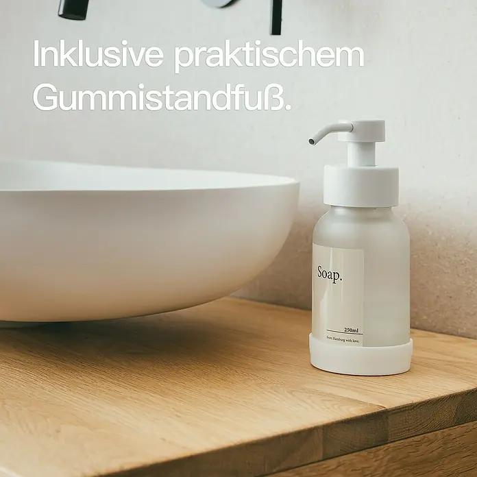 Designfabrik Hamburg Seifenspender - Edelstahl, Weiß/Satiniertes Glas - Seifenspender mit praktischem Gummifuß für stabilen Stand. Inklusive Aufschrift "Soap" und Füllmenge.