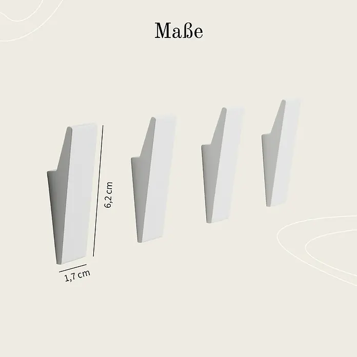 Designfabrik Hamburg Handtuchhaken - 4 Stk., Weiß, Matt - Darstellung von vier weißen Wandhaken mit den Maßen 6,2 cm Höhe und 1,7 cm Tiefe.