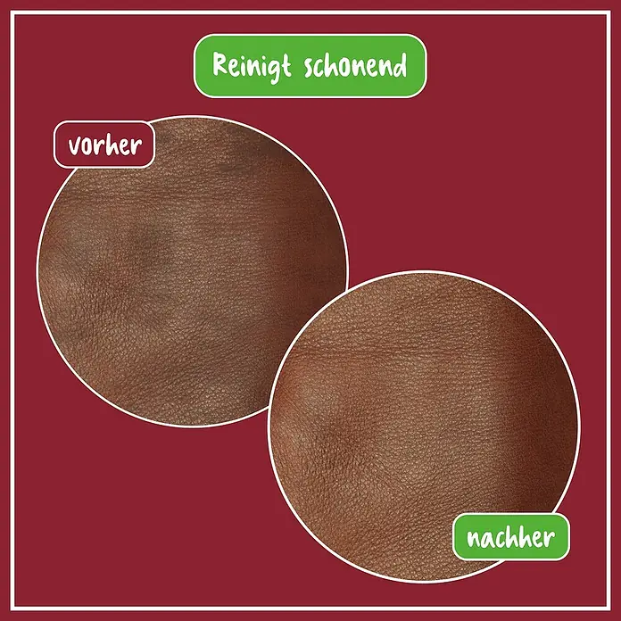 Poliboy Reinigungsmittel Leder - 375 ml, Flasche mit Sprühkopf - Vorher-Nachher-Vergleich einer schonenden Reinigung, die das Leder revitalisiert und sein Aussehen verbessert.