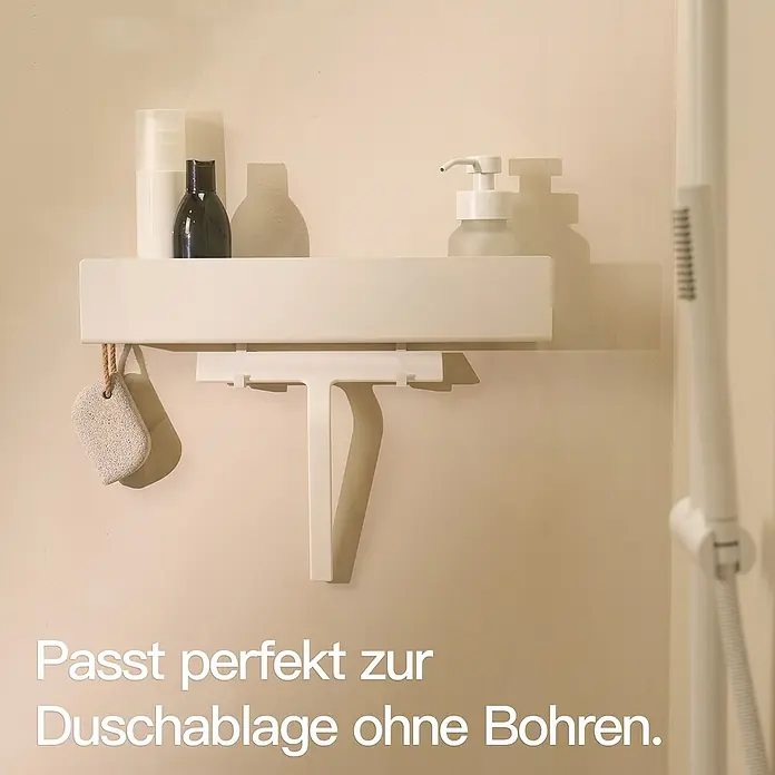 Designfabrik Hamburg Bad-& Duschabzieher - Weiß, Silikon - Bild einer Duschablage ohne Bohren mit Seife und Bimsstein.