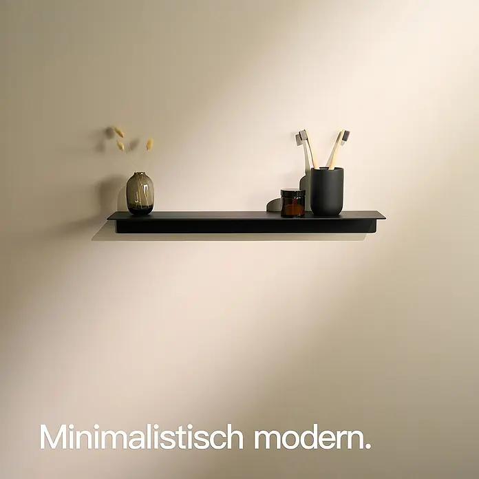 Designfabrik Hamburg Badablage - Breite: 58 cm, Aluminium, Schwarz - Minimalistisches, modernes Badezimmerregal mit Vase, Glas und Zahnputzbecher. Schwarzes Regal für stilvolle Badaccessoires.