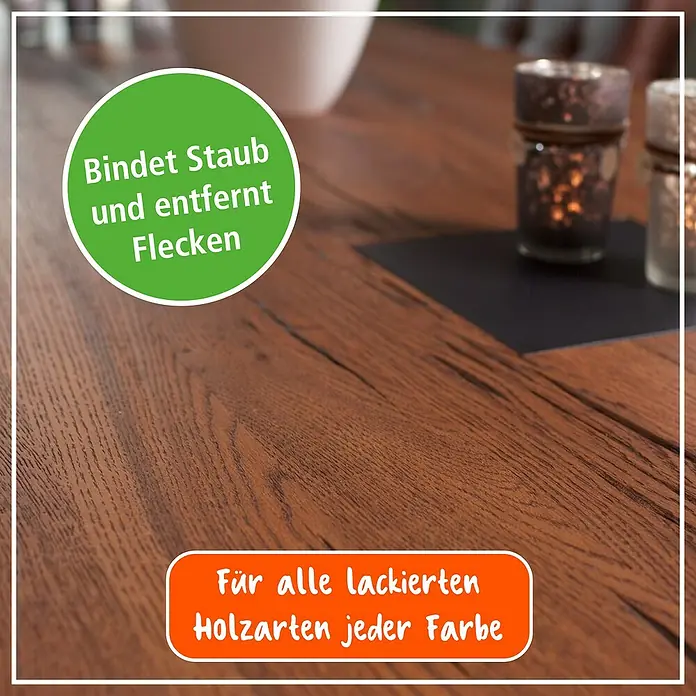 Poliboy Möbelpflege Intensiv - 375 ml, Flasche mit Sprühkopf - Bild einer lackierten Holzoberfläche, die Staub bindet und Flecken entfernt. Geeignet für alle lackierten Holzarten jeder Farbe.